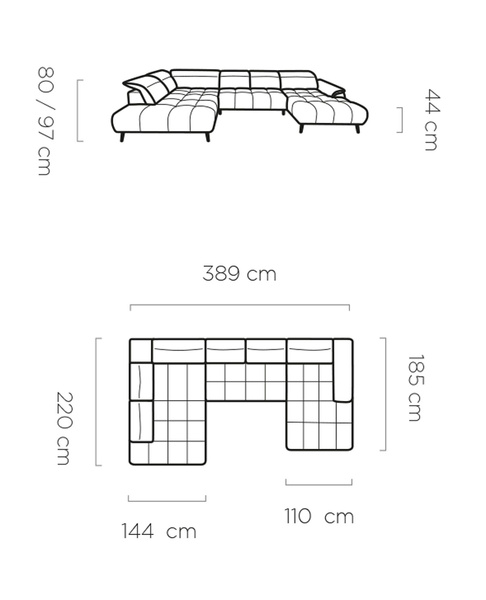 Narożnik MONTANA XL 389 cm, Elektryczny wysuw siedziska, Zagłówki