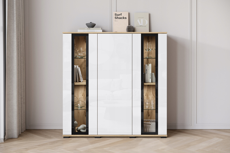 Komoda wysoka CARO 120cm Dąb Wotan / Biały Połysk