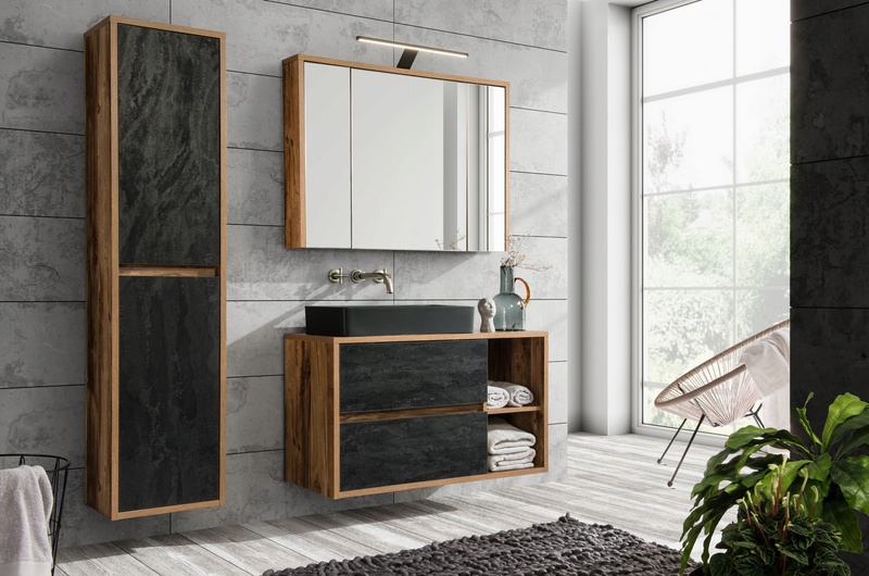 Szafka z lustrem 100cm, Meble łazienkowe HAMPTON Dąb Huton