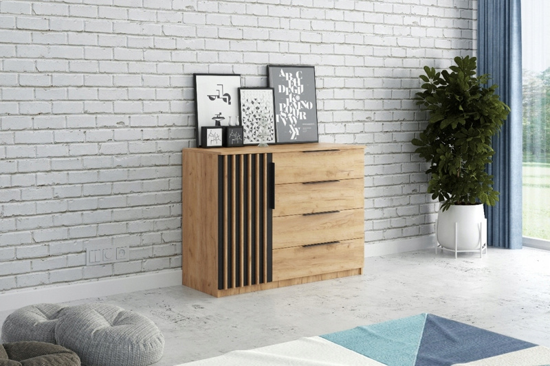 Komoda loftowa SORENTO 120cm lamele szuflady Dąb Craft Złoty / Czarny
