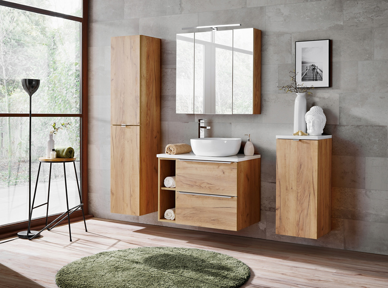 Szafka łazienkowa z lustrem, Meble łazienkowe CAPRI 842 Dąb Craft Złoty
