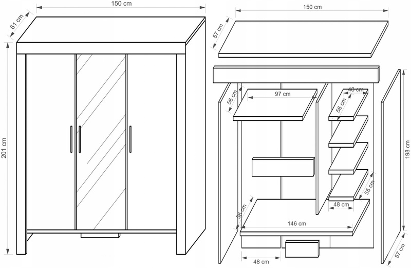 Szafa CEZAR 1, Szafa z lustrem 150cm, Dąb Sonoma