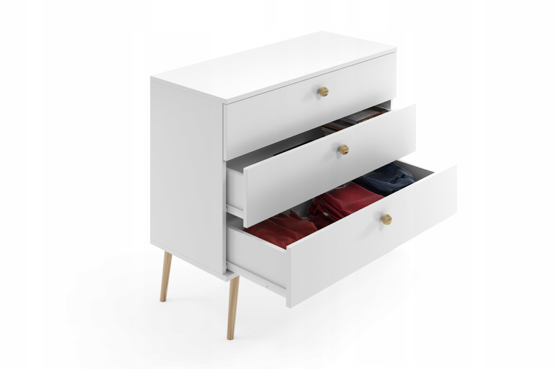 Komoda BOHO drewniane nogi, trzy szuflady BIAŁY MAT
