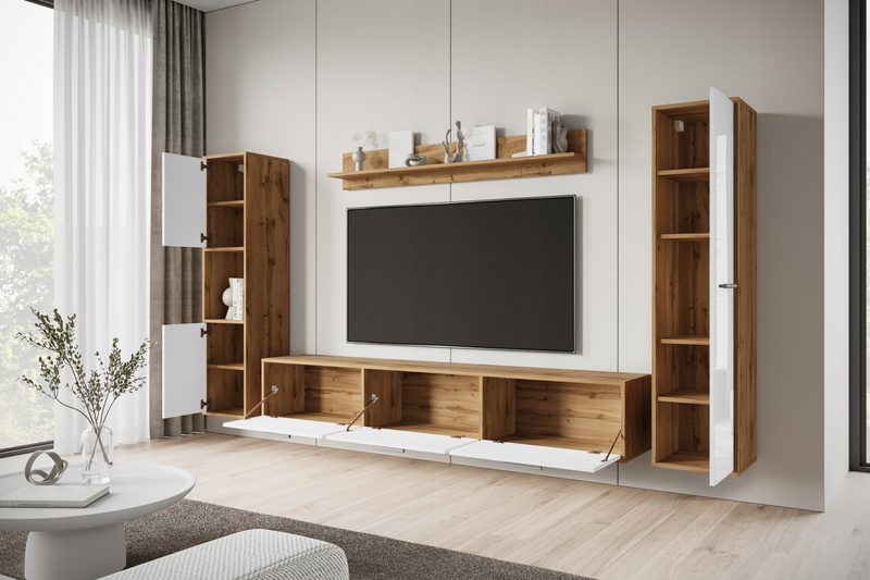 Meblościanka BOGOTA Zestaw mebli, salon Dąb Wotan / Biały Połysk