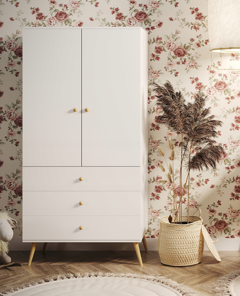 Szafa BOHO uchylna, drewniane nogi BIAŁY MAT trzy szuflady + drążek