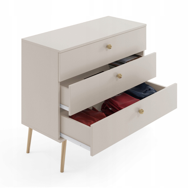 Komoda BOHO drewniane nogi, trzy szuflady KASZMIR