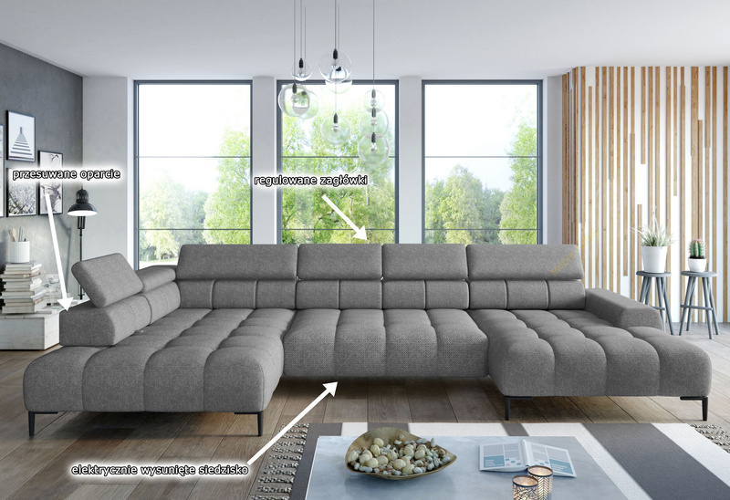 Narożnik PLAZA XL 385 cm, Elektryczna regulacja siedziska, Zagłówki