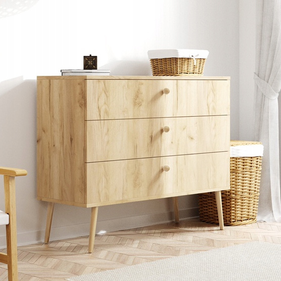 Komoda BOHO drewniane nogi, trzy szuflady DĄB CRAFT ZŁOTY