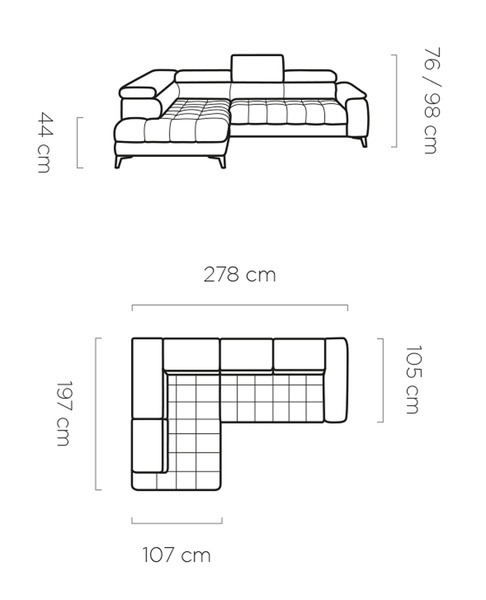 Narożnik CHIVAS 278cm, Elektryczny wysuw siedziska, Zagłówki, Pojemnik