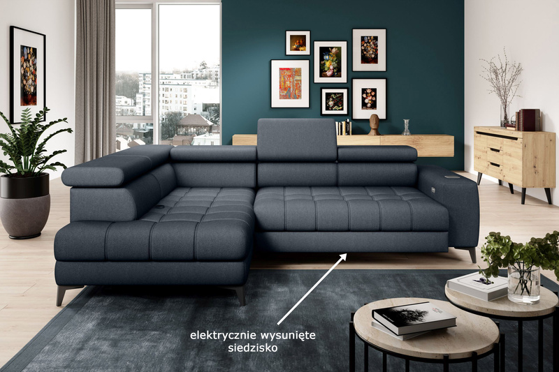 Narożnik BAGGIO 280 cm, Elektryczny wysuw siedziska, Pojemnik, Zagłówki