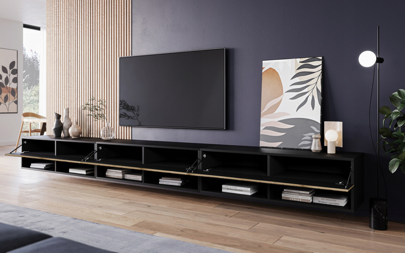 Szafka RTV Lowboard A 300cm Czarny Grafit / Dąb Wotan Jodełka MDF