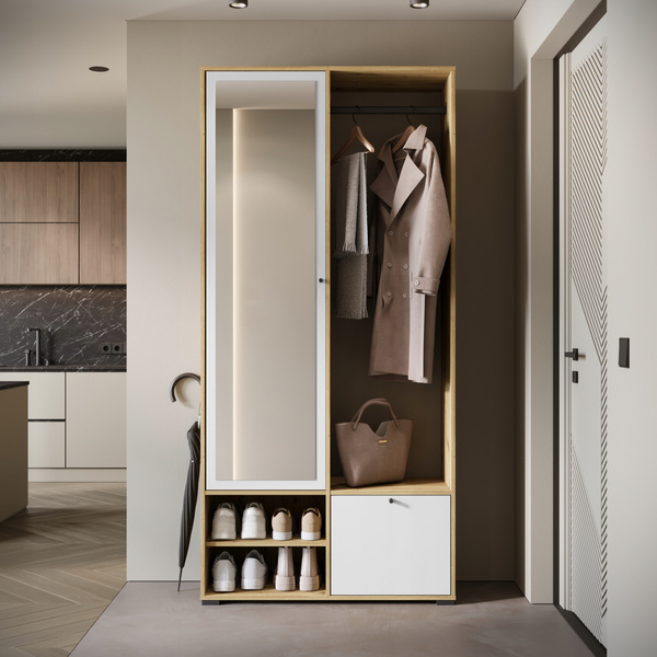 Garderoba DINO, lustro, wieszak DĄB ARTISAN / BIAŁY