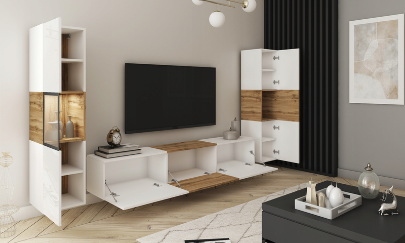 Meblościanka BERLIN III Zestaw Mebli, Salon Dąb Wotan / Biały Połysk