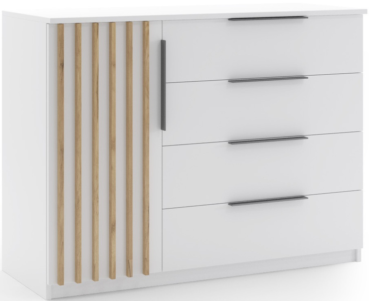 Komoda loftowa KAIR 120cm lamele szuflady Biały / Dąb Craft Złoty