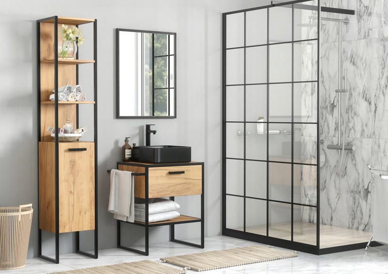 Szafka pod umywalkę 90cm, Meble łazienkowe BROOKLIN Dąb Craft Złoty/Czarny