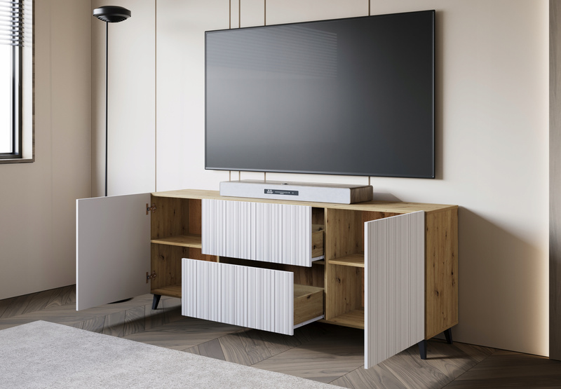 Szafka RTV PHUKET 181 Dąb Artisan / Białe Drobne Ryfle