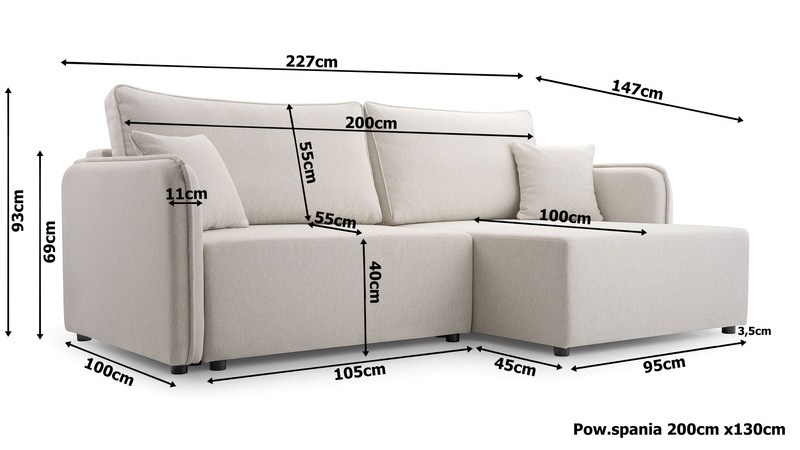 Mały Narożnik z Funkcją Spania MELODY 227 cm, Rozkładany, Pojemnik, Rogówka