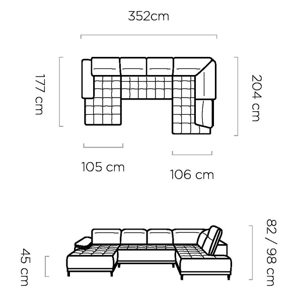 Narożnik FOCUS XL 352 cm, Elektryczny wysuw siedziska, Zagłówki