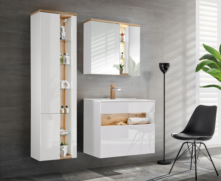 Szafka z lustrem 80cm, 2 drzwi, Meble BAHAMA BIAŁY / DĄB WOTAN