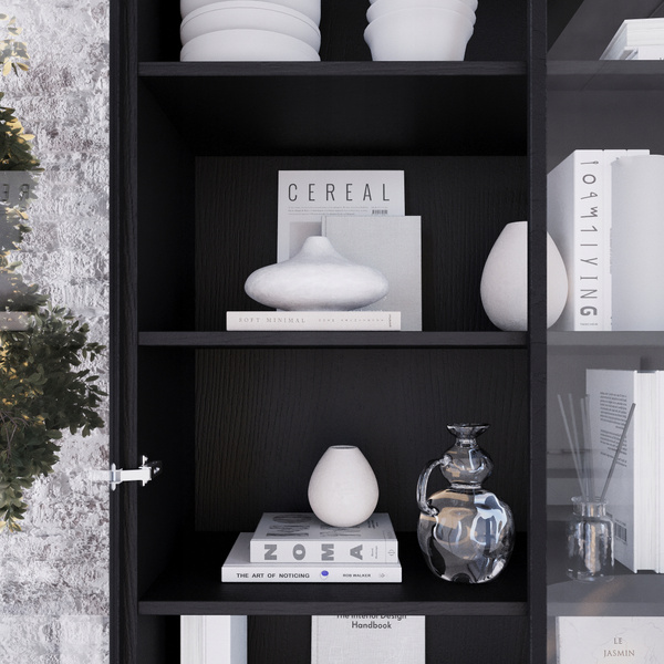 Regał INDUST witryna 190cm, szklane drzwi, metalowe nogi CZARNY