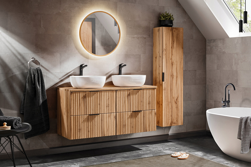Meble łazienkowe ADEL OAK 120, Zestaw z umywalkami nablatowymi, Lustro LED