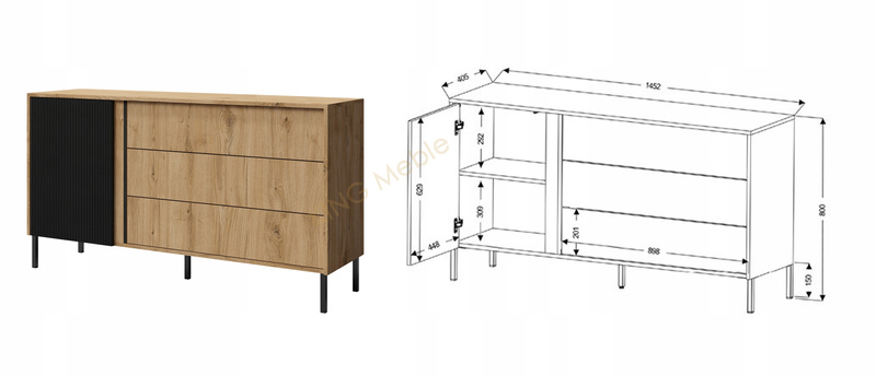 Komoda MIA 3, Komoda 145cm, Meble do Salonu MIA, MDF Dąb Odwieczny / Czarny