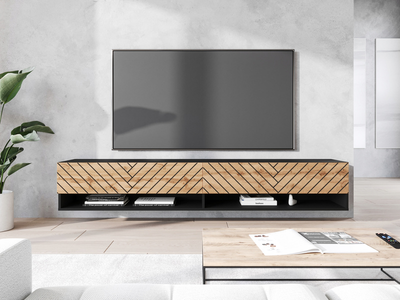 Szafka RTV Lowboard A 180cm Czarny Grafit / Jodełka Dąb Wotan MDF