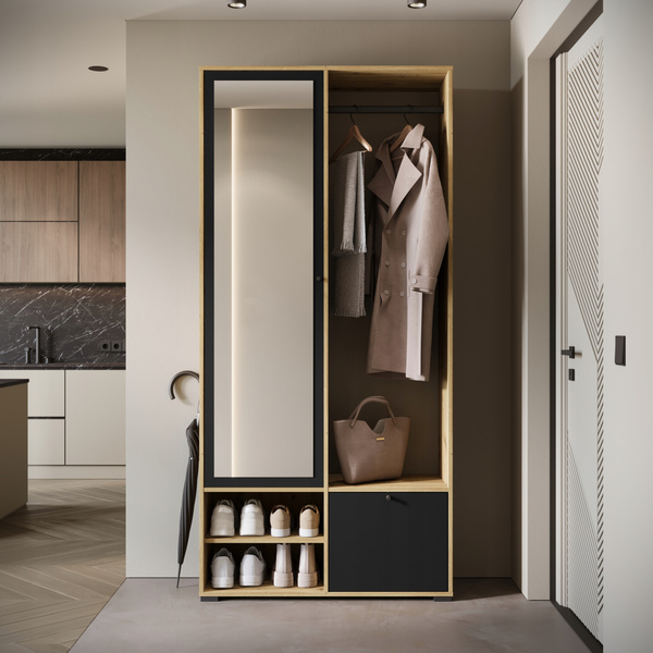 Garderoba DINO, lustro, wieszak DĄB ARTISAN / CZARNY GRAFIT