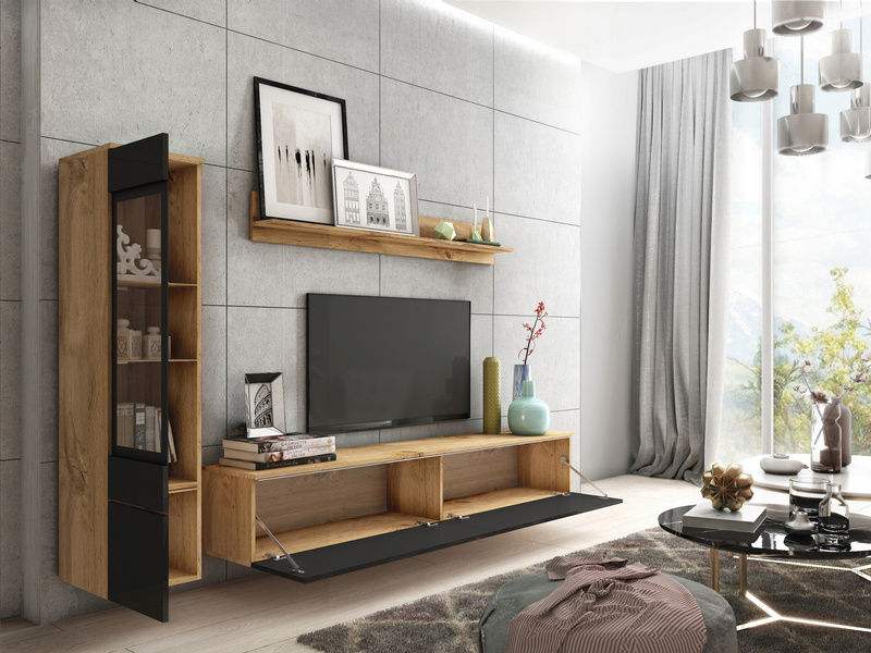 Meblościanka VERA I Zestaw Mebli Dąb Wotan / Czarny Połysk