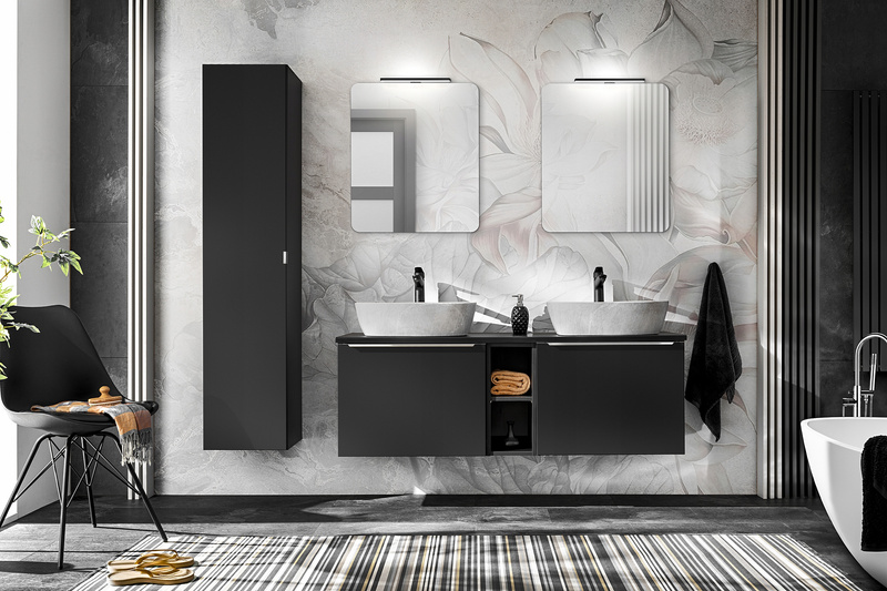 Meble łazienkowe SANTA FE BLACK 120, 2xUmywalka, Lustro, 2xLampa LED