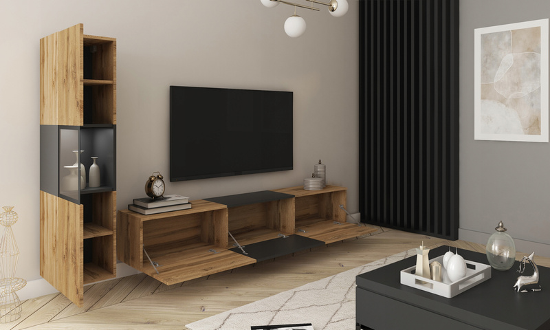 Meblościanka BERLIN Zestaw Mebli, Salon Dąb Wotan / Czarny