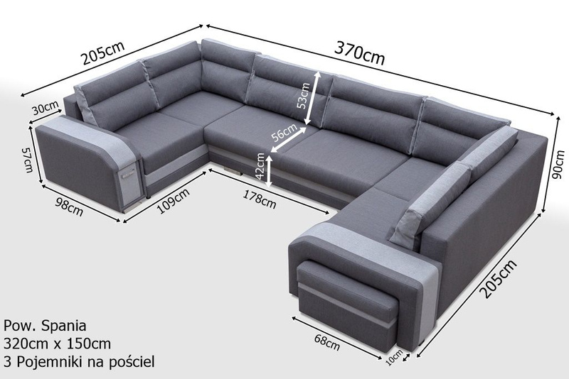 Narożnik z funkcją spania ASSAN U 370 cm, Rogówka, Rozkładany, Pufa, Barek, W kształcie U