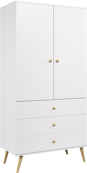 Szafa BOHO uchylna, drewniane nogi BIAŁY MAT trzy szuflady + drążek