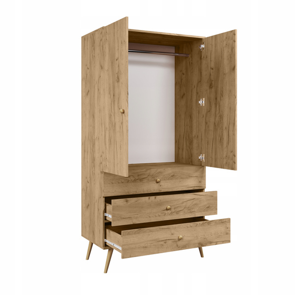 Szafa BOHO uchylna, drewniane nogi DĄB CRAFT ZŁOTY trzy szuflady + drążek