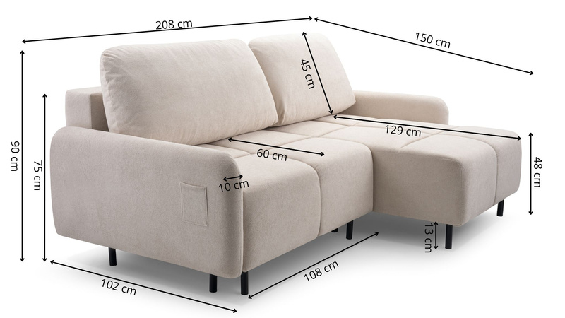Mały Narożnik z funkcją spania TIKO 208 cm, Rozkładany, Pojemnik