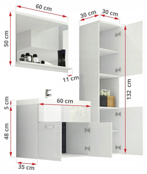 Meble łazienkowe MONTREAL, umywalka, lustro MATERA / BIAŁY POŁYSK