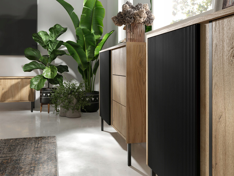 Komoda MIA 3, Komoda 145cm, Meble do Salonu MIA, MDF Dąb Odwieczny / Czarny