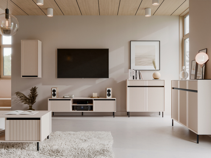 Zestaw mebli OSAKA Komoda + Szafka RTV + Witryna + Stolik BEŻ PIASKOWY