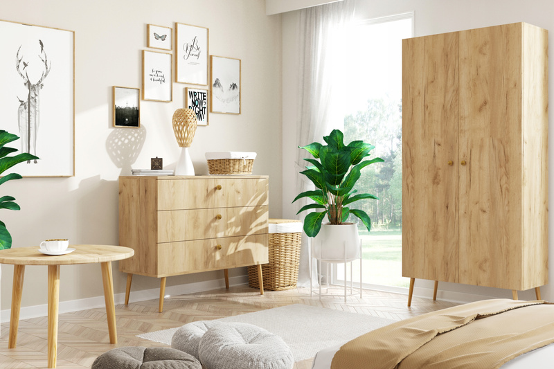 Komoda BOHO drewniane nogi, trzy szuflady DĄB CRAFT ZŁOTY