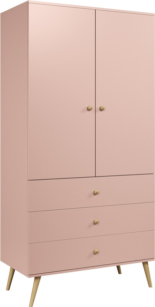 Szafa BOHO uchylna, drewniane nogi RÓŻ trzy szuflady + drążek