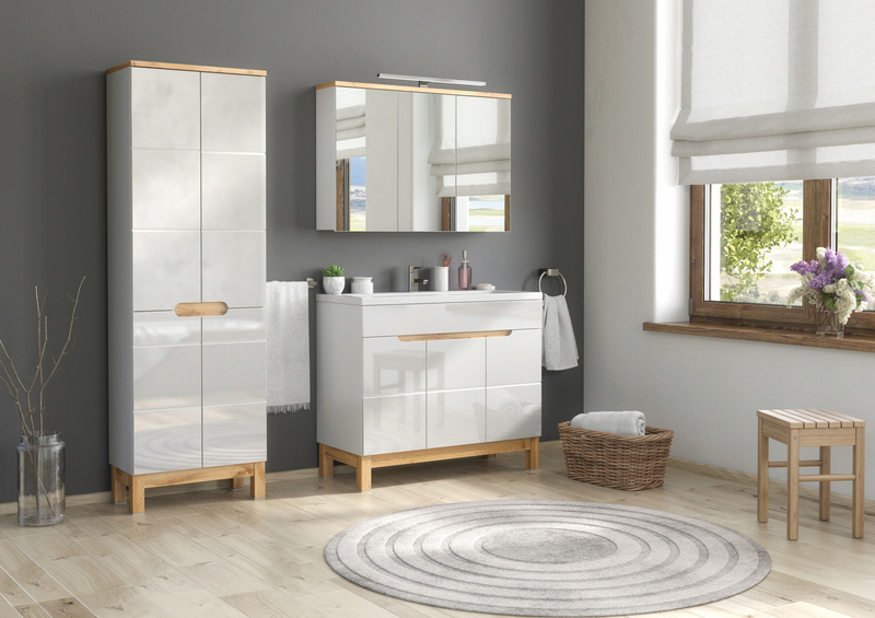 Szafka z lustrem 840, Meble łazienkowe BALI Dąb Craft / Biały Połysk