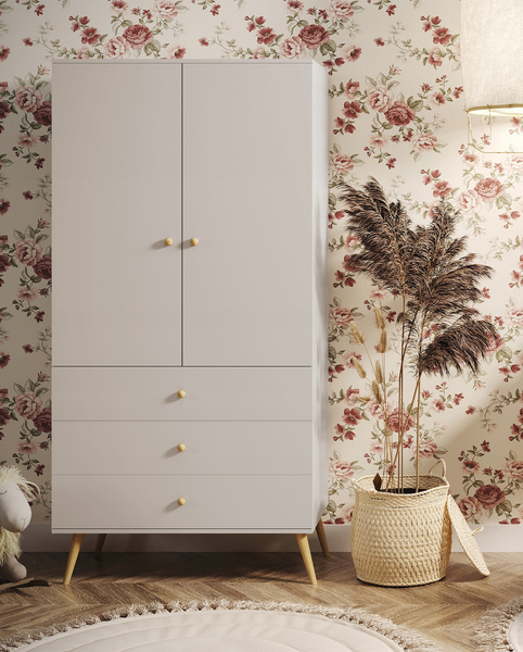 Szafa BOHO uchylna, drewniane nogi KASZMIR trzy szuflady + drążek