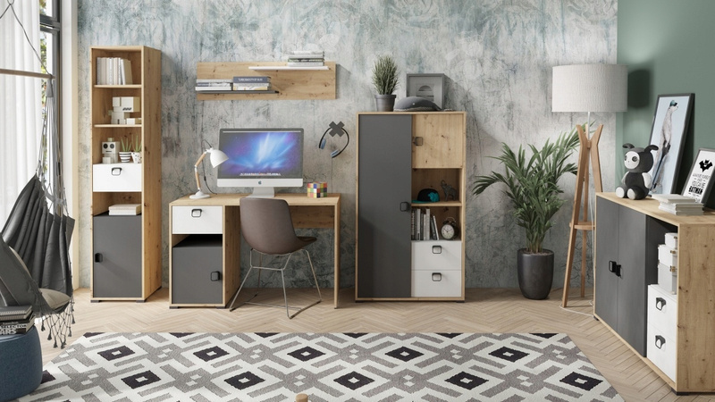 Regał KEVIN 4 80cm szuflady, Meble Młodzieżowe Dąb Artisan / Grafit / Biały