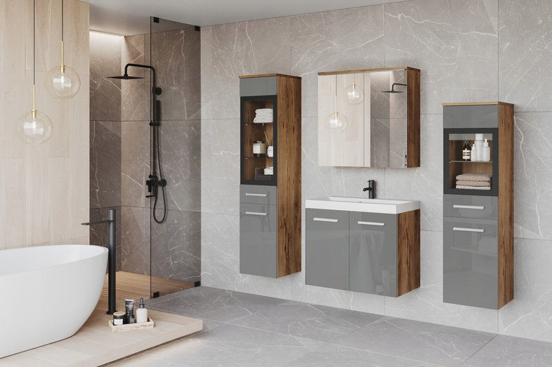 Meble łazienkowe MADRIT II, umywalka, lustro BIAŁY / SZARY POŁYSK